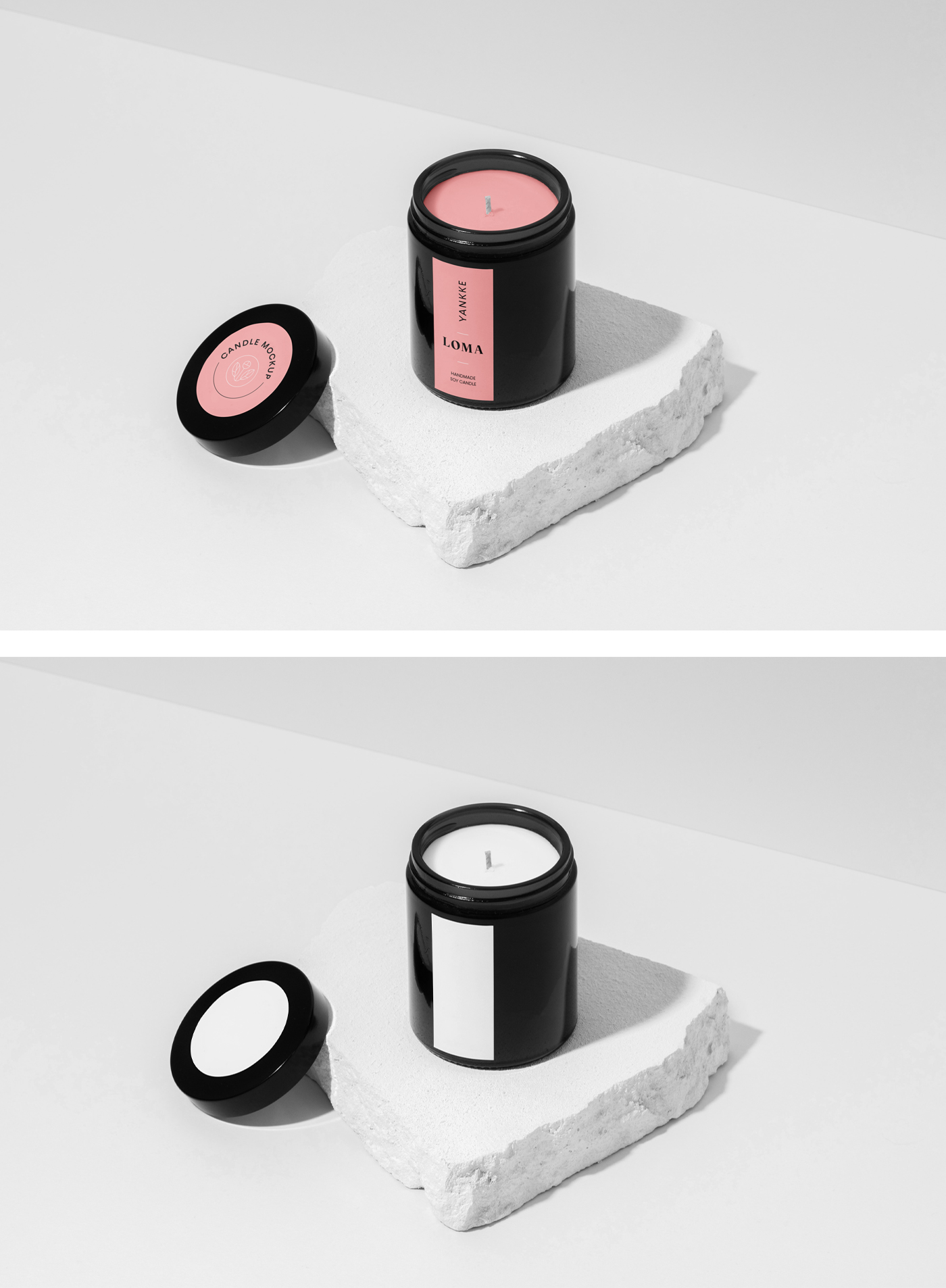 Candle mockup in black plastic box standing on a white piece of stone.