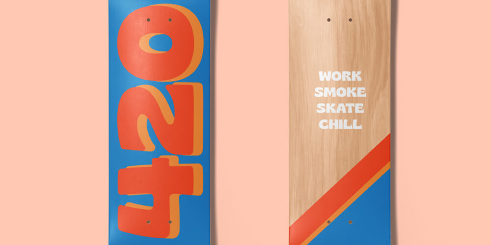 Front view, Two Wooden Skateboard Mockup next to each other on the flesh background color.