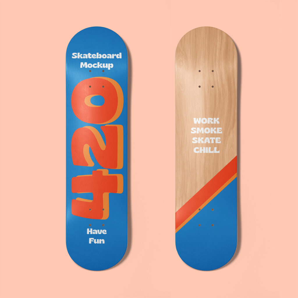 Front view, Two Wooden Skateboard Mockup next to each other on the flesh background color.