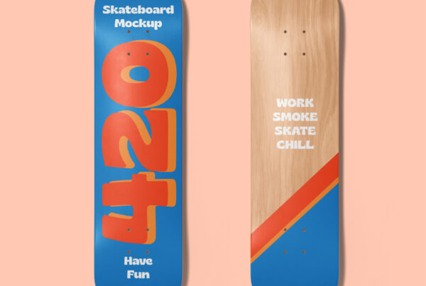 Front view, Two Wooden Skateboard Mockup next to each other on the flesh background color.
