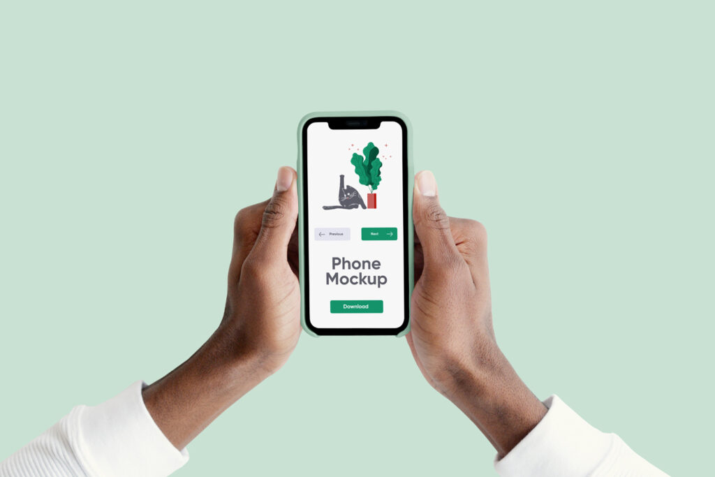 Front view, iPhone with Green Case Mockup in both men's hands on the green background color.