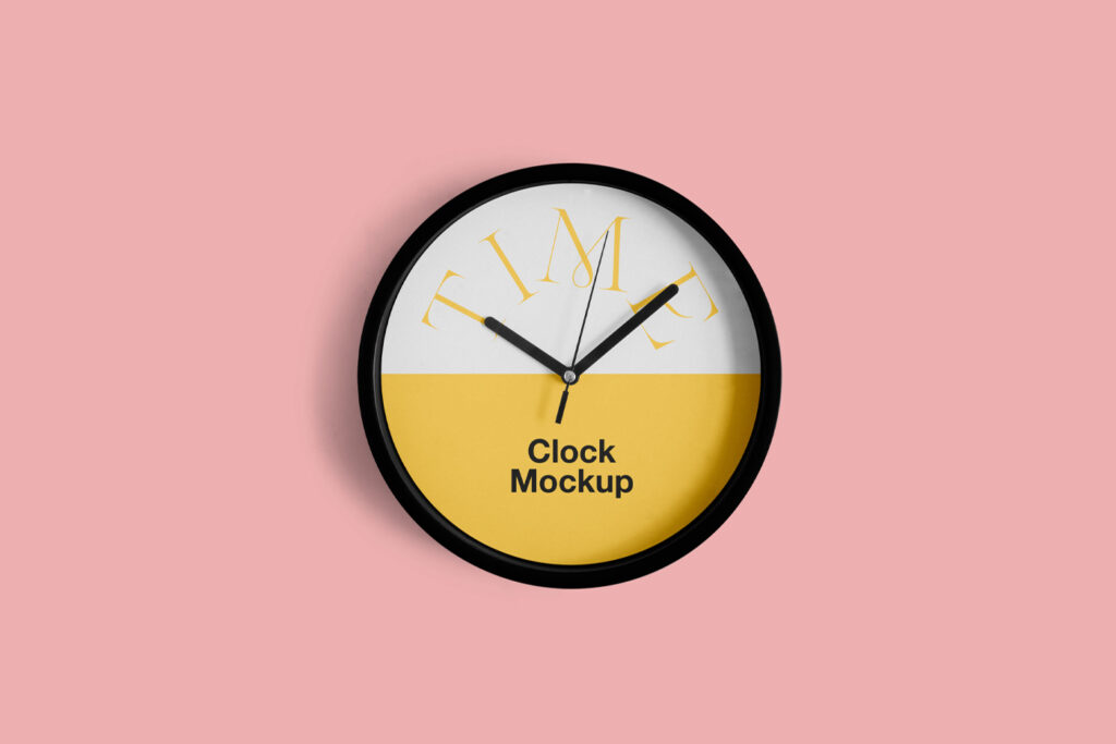 Front view, Rounded Clock Mockup with black frame on the salmon background color.