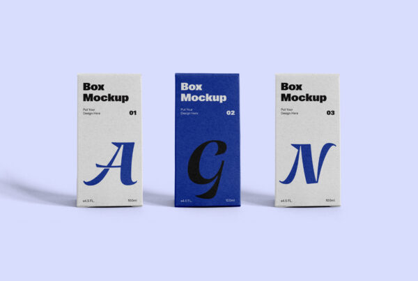 Front view, three Vertical Box Mockups placed next to each other on the purple background color.