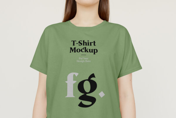 Front view, Woman wearing T-Shirt Mockup and standing against the wall.