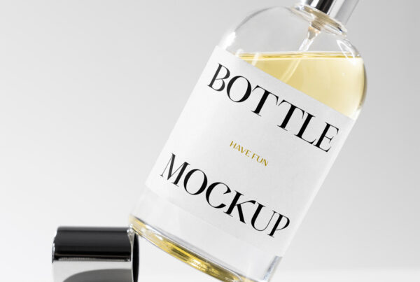 Front view, glass Flacon Bottle Mockup at an angle standing on the cap studio scene.