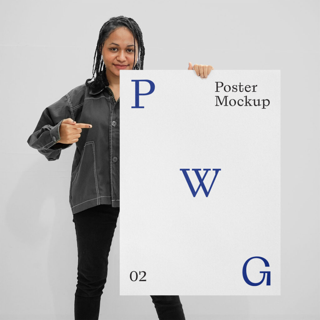 Front view, Women in black jacket Holding Poster PSD Mockup against gray wall.