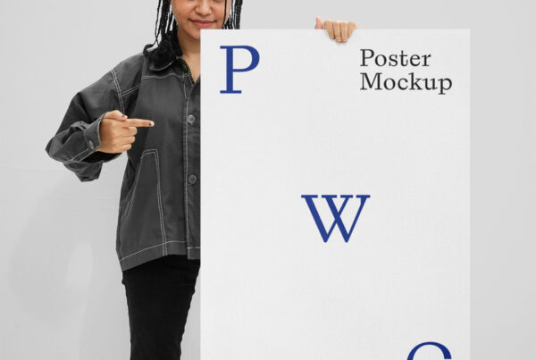 Front view, Women in black jacket Holding Poster PSD Mockup against gray wall.