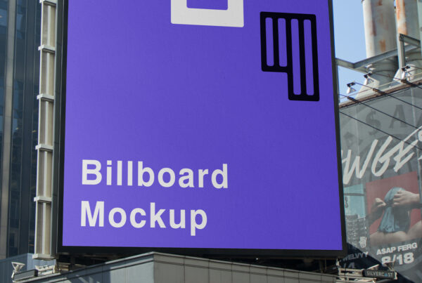 Front view, Big Vertical Billboard Mockup beetwen the buildings in the middle of the city.