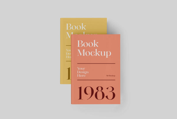 Seen from above, two placed on top of each other Hard Covers Book Mockups against gray background.