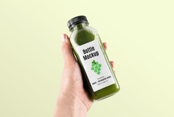 A transparent plastic healthy bottle mockup with a woman in hand against a bright green background.