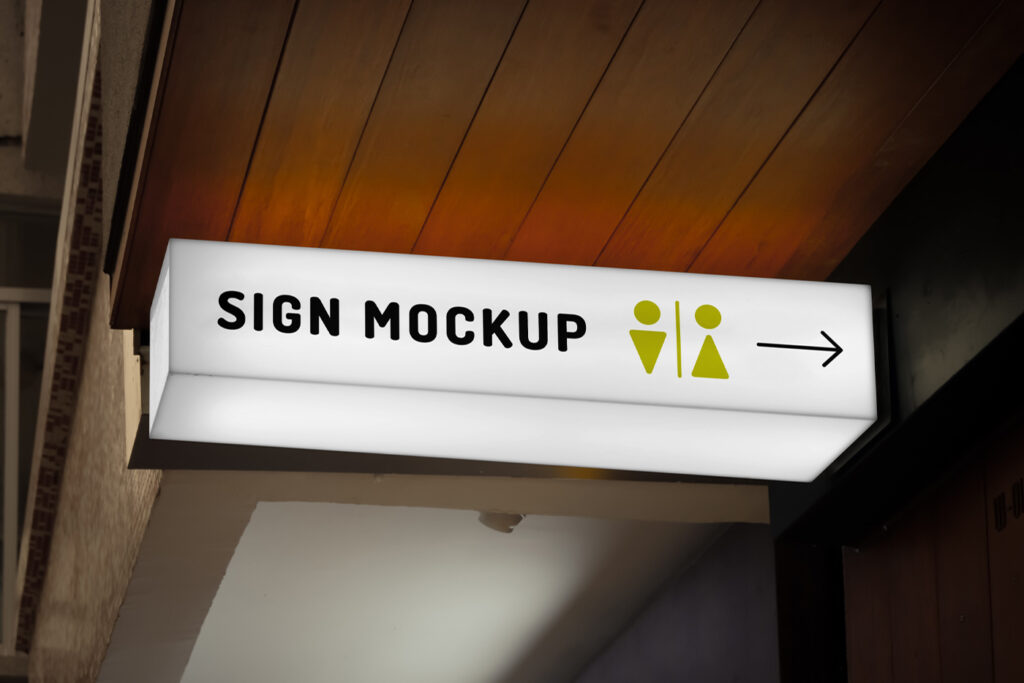 Attached to the ceiling of wooden boards, rectangle Light Sign Mockup.
