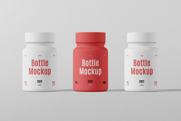 Three front view, Mini Plastic Bottle PSD Mockup standing on the gray floor.