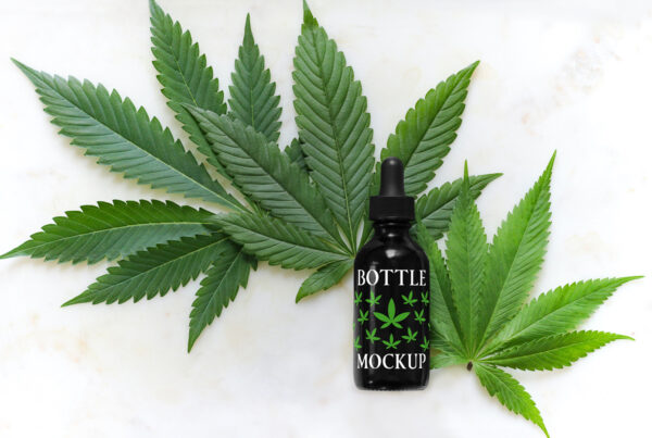 A small black Rounded Bottle Mockup lie on the marble floor among marijuana leaves.