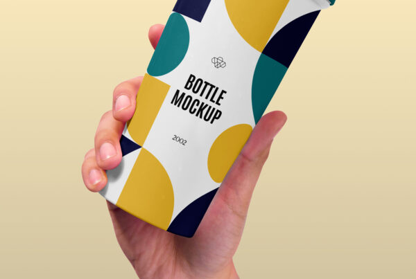 Plastic Sport Bottle Mockup held up in hand on the bright yellow background.