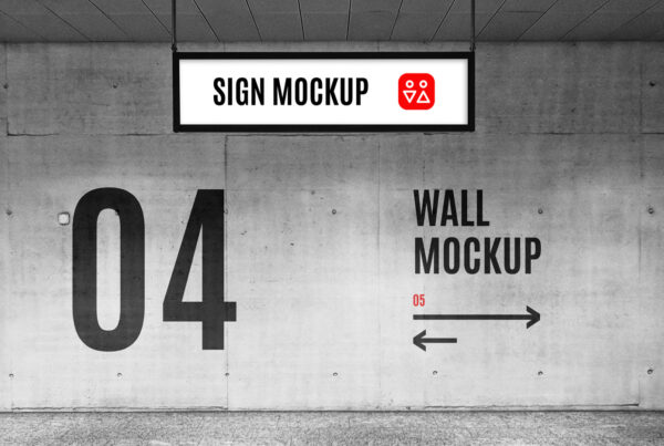 Front view, Wayfinding Sign & Wall Mockup with concrete wall and stone walkway.