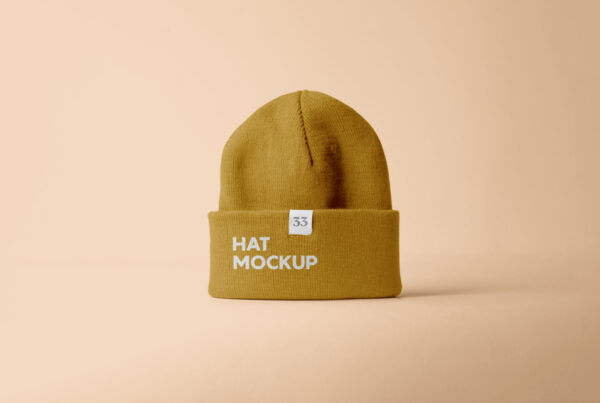 Front view, Winter Hat Mockup standing on the bright orange floor in the studio.