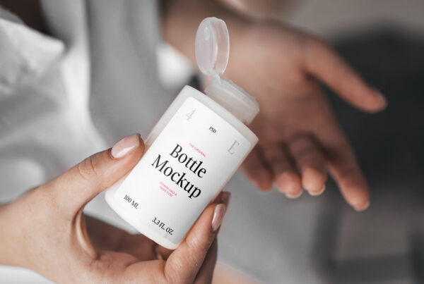 Women Holding Mini Bottle Mockup take out the medicine.