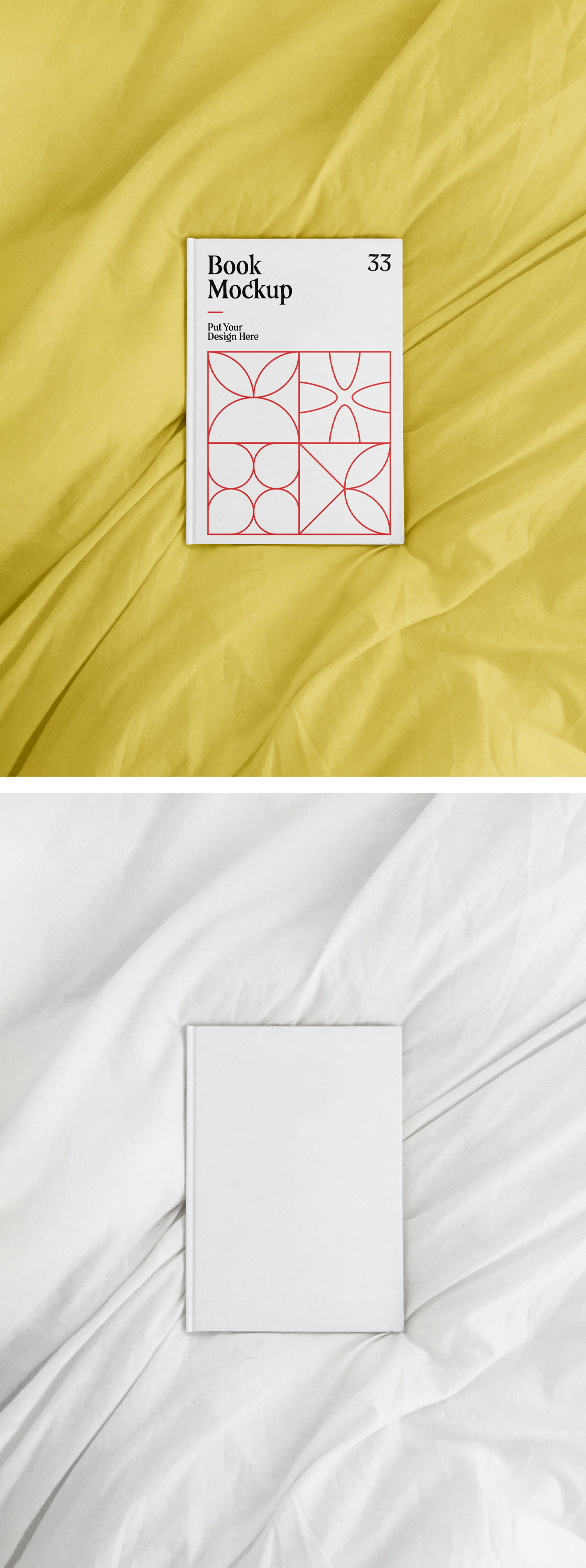 Seen from above, white A4 Hard Cover Mockup laying on the white quilt.
