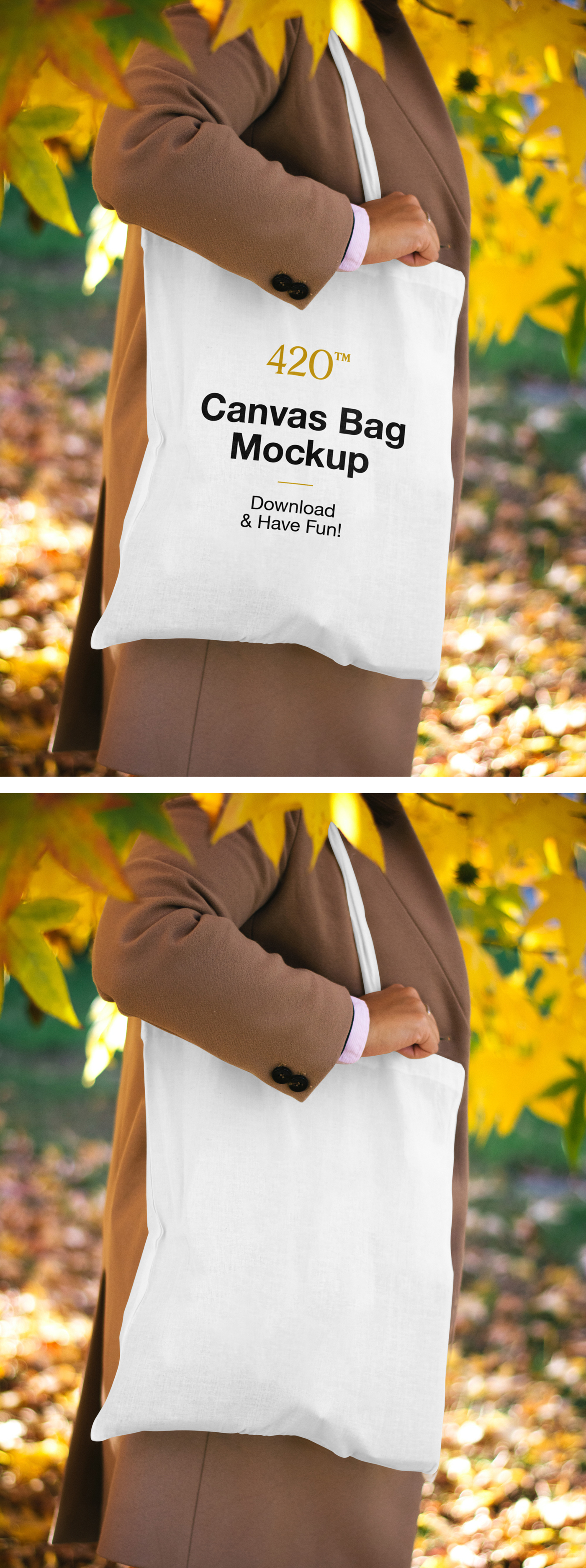 Front view, Woman wearing White Canvas Bag Mockup against the background of autumn.