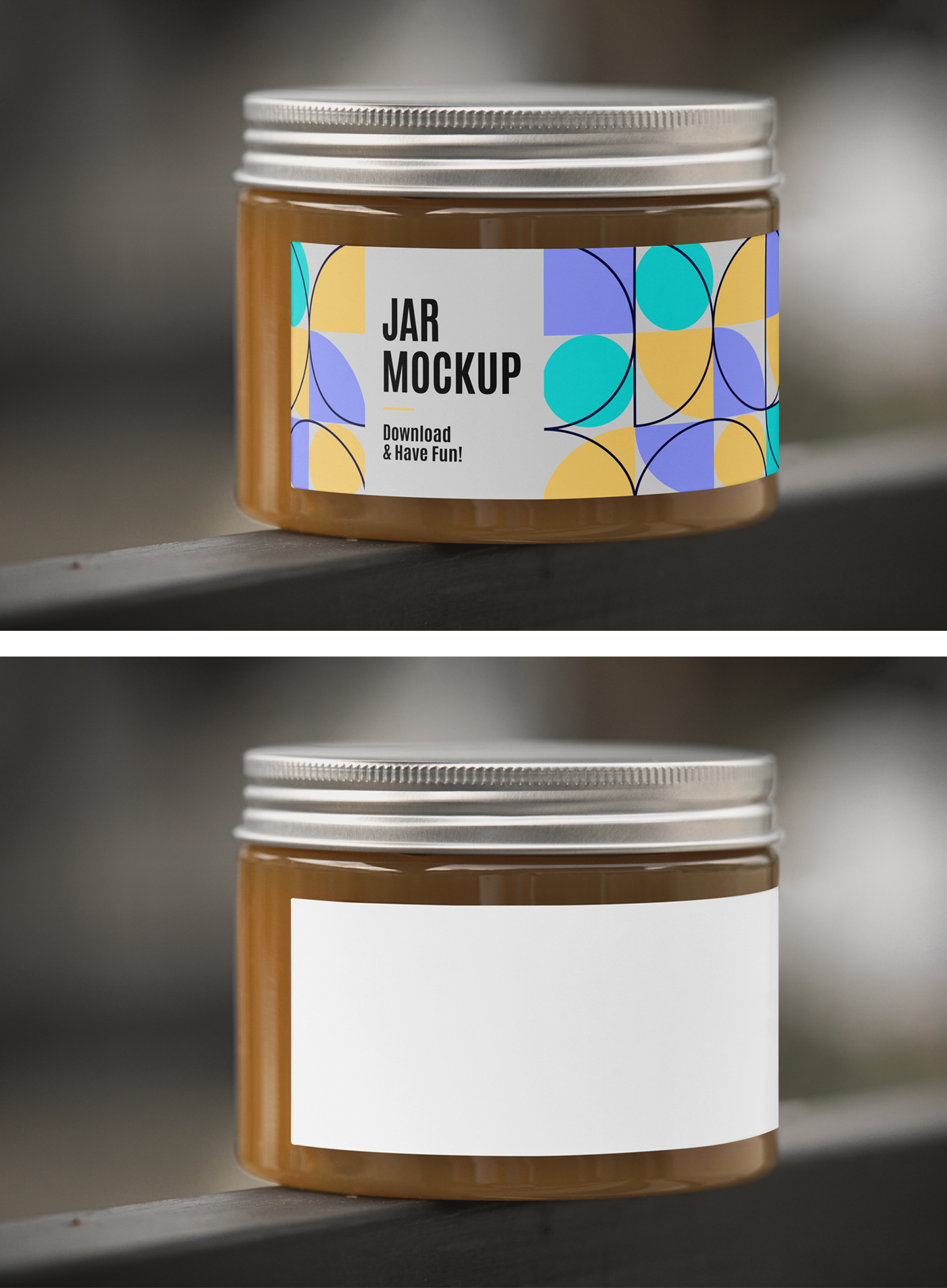 Front view, small Glass Jar Mockup with a long white label standing on kitchen furniture.