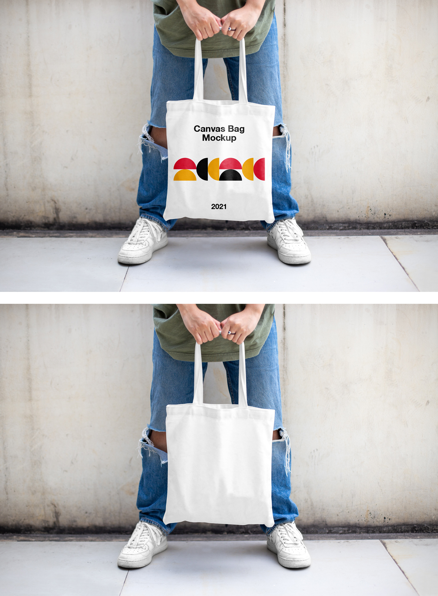 Men in bright jeans standing against the wall and holding a blank Canvas Bag Mockup in both hands.
