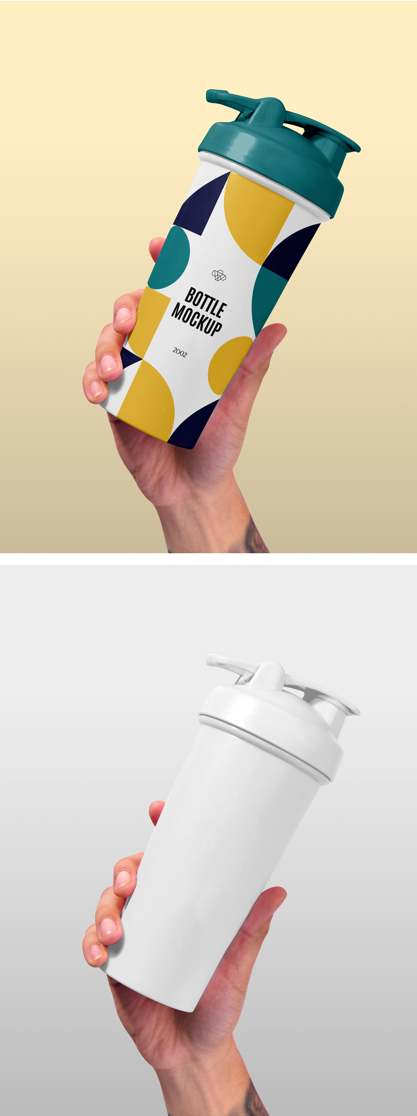White Plastic Sport Bottle Mockup held up in hand on the bright yellow background.