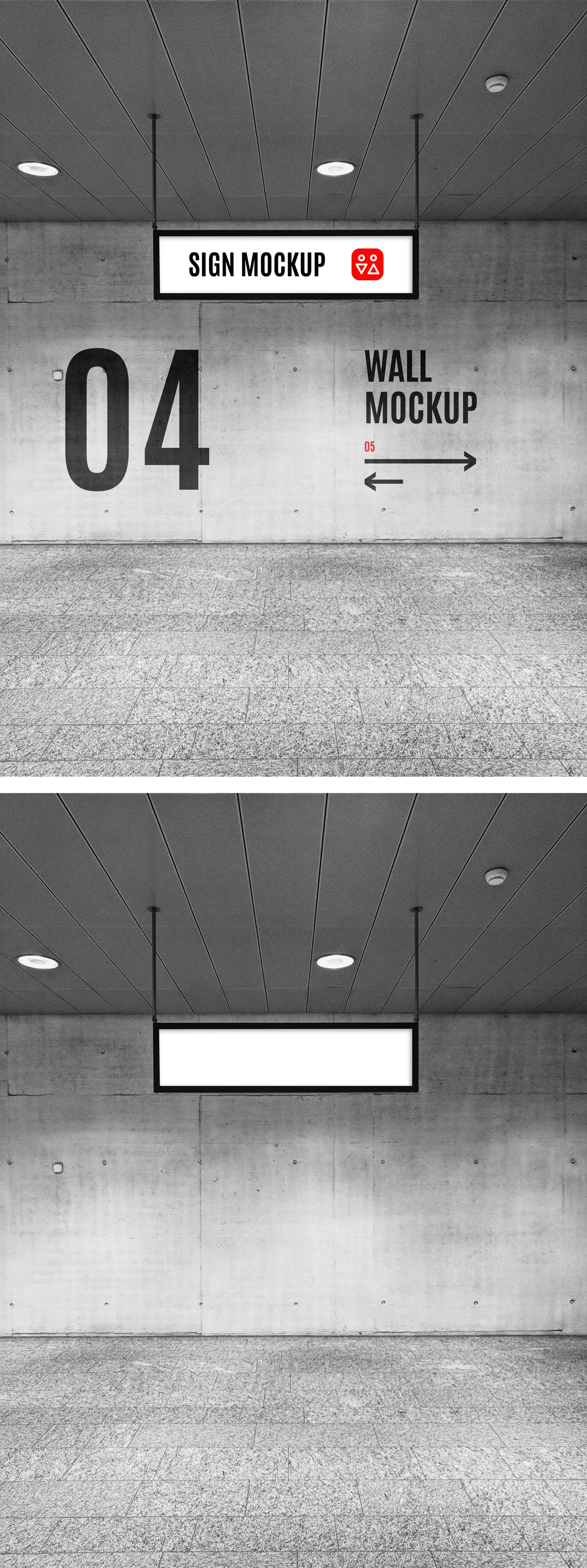 Front view, Wayfinding Clear Sign & Clear Wall Mockup with concrete wall and stone walkway.