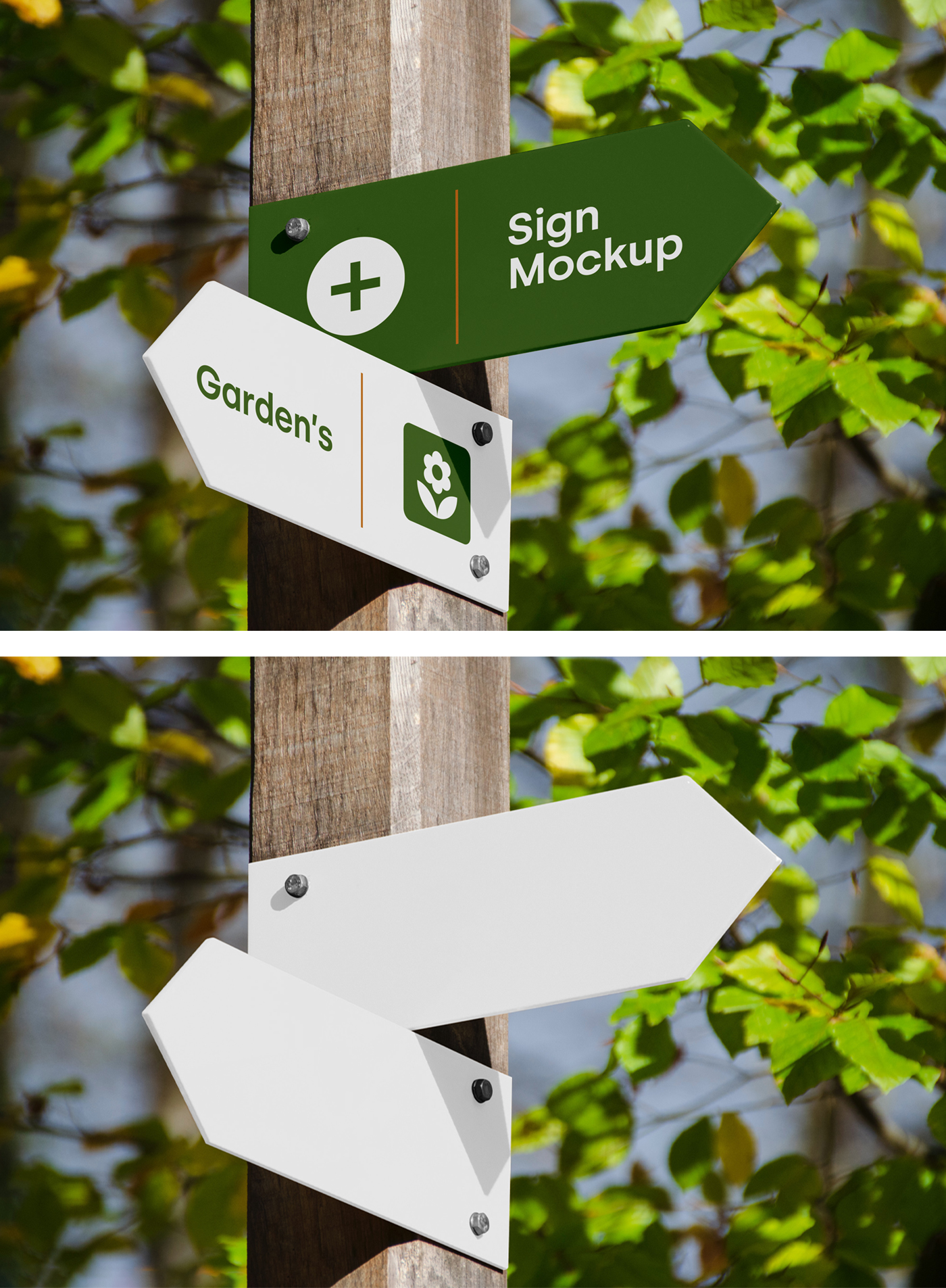 White Wayfinding & Signage PSD Mockup attached to a wooden pole against the backdrop of gardens.