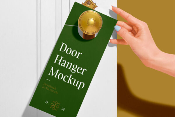 Front view, Door Hanger PSD Mockup hanging on door knobs with woman hand.