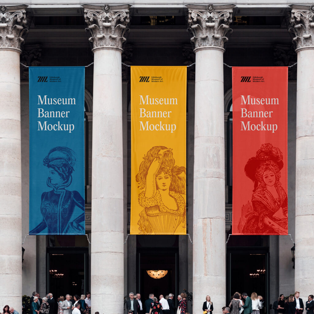 Front view, hanging three Museum Banners Mockup with people and old architecture.