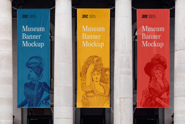 Front view, hanging three Museum Banners Mockup with people and old architecture.