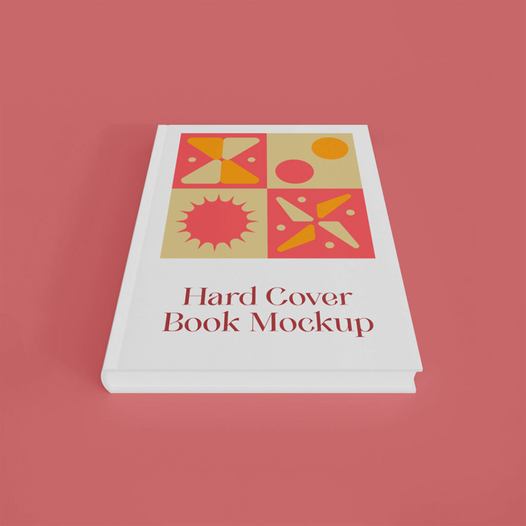 Perspective Hard Cover Mockup lie on the warm red color floor.