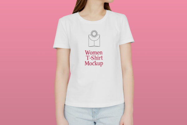 Standing Woman with T-shirt Mockup against pink background.