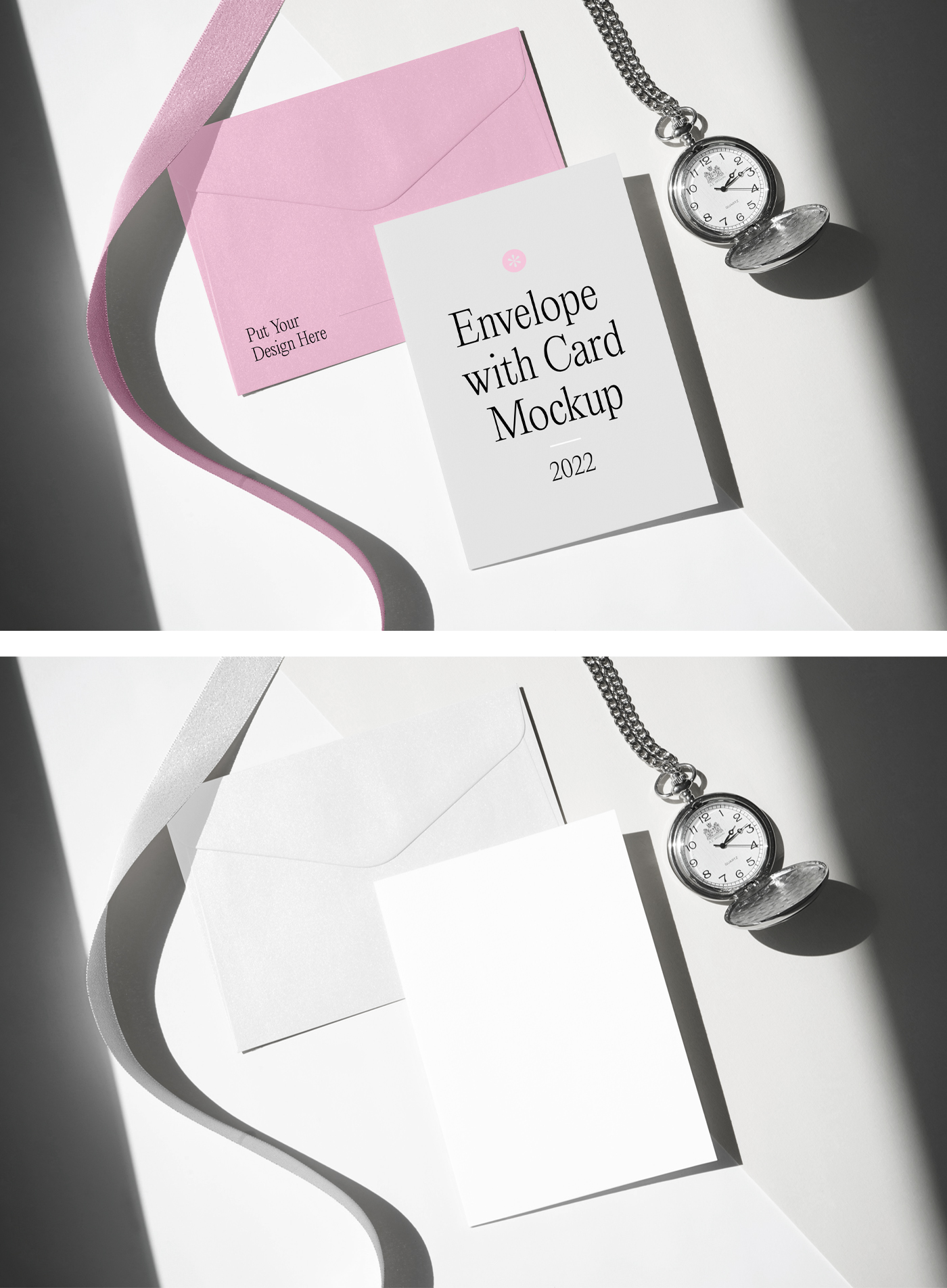The envelope with White Card Mockup lies on the white floor, seen from above with old school silver watch.
