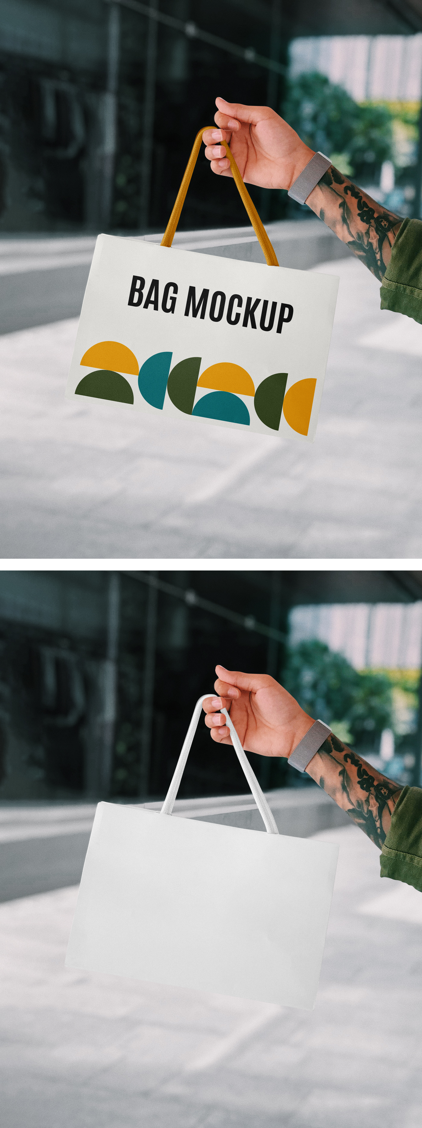 Hand Holding Mini White Shopping Bag Mockup against the background of the city.