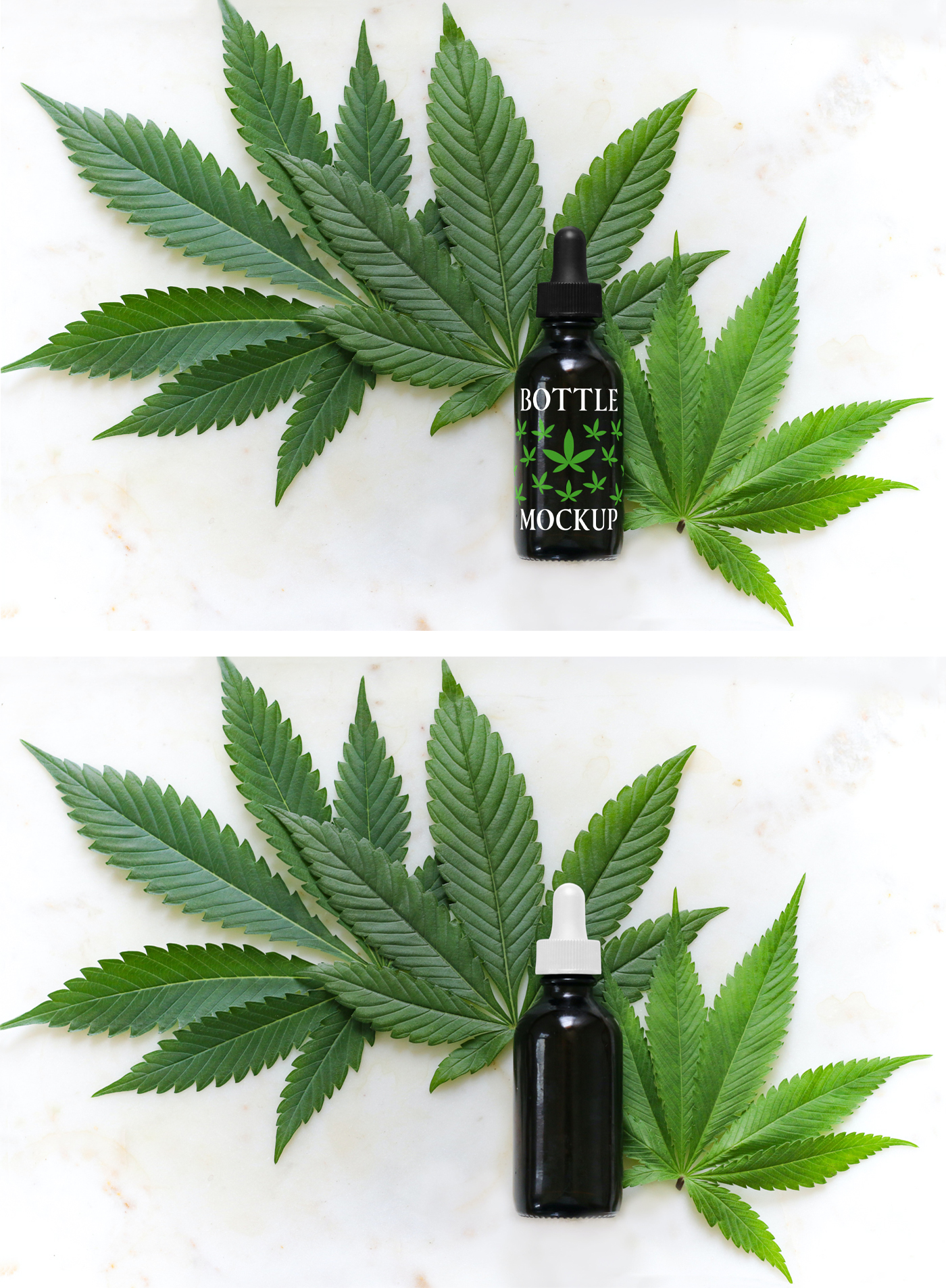 A small black Rounded Bottle Mockup lie on the marble floor among marijuana leaves.