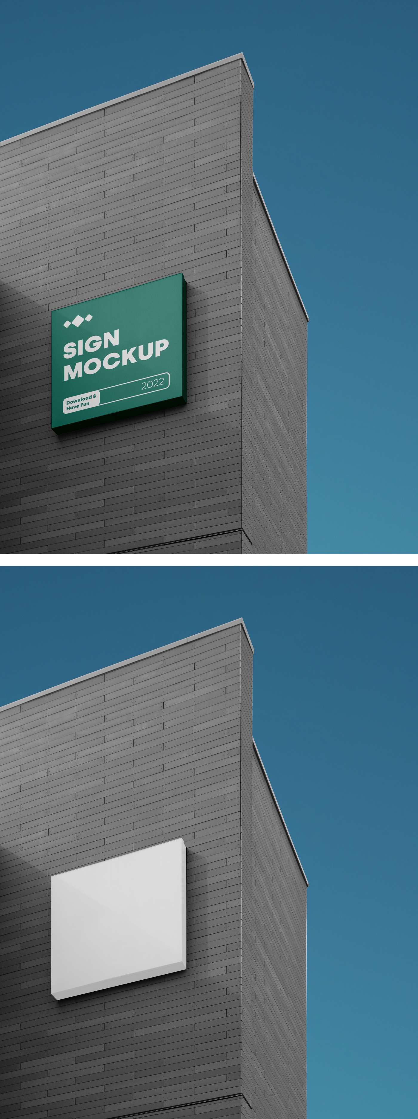 White Sign on the Building Mockup against on the blue sky view.