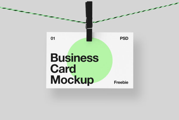 Hanging Business Card Mockup on, a string fastened with a wooden clip.