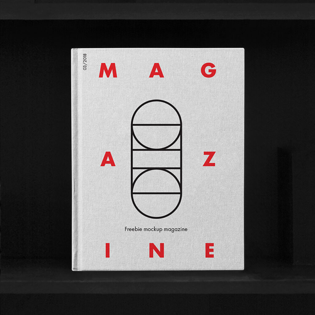 Front view, Book Cover Mockup standing on the black shelf.