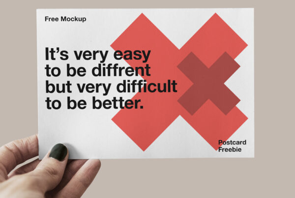 Paper Postcard Mockup holding in left women hand with beige background.