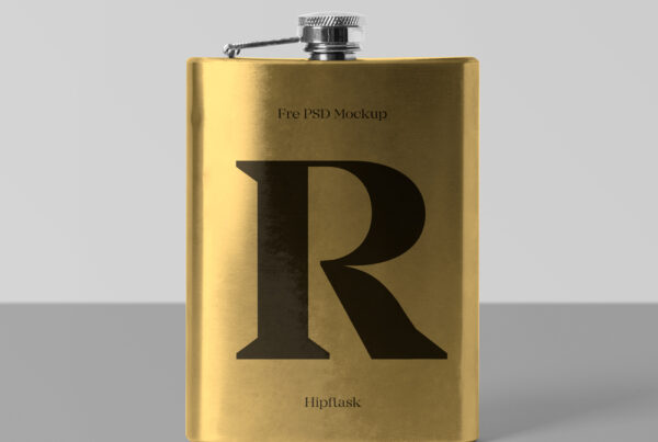 Front view, metal Hipflask Mockup on the dark gray floor in studio.