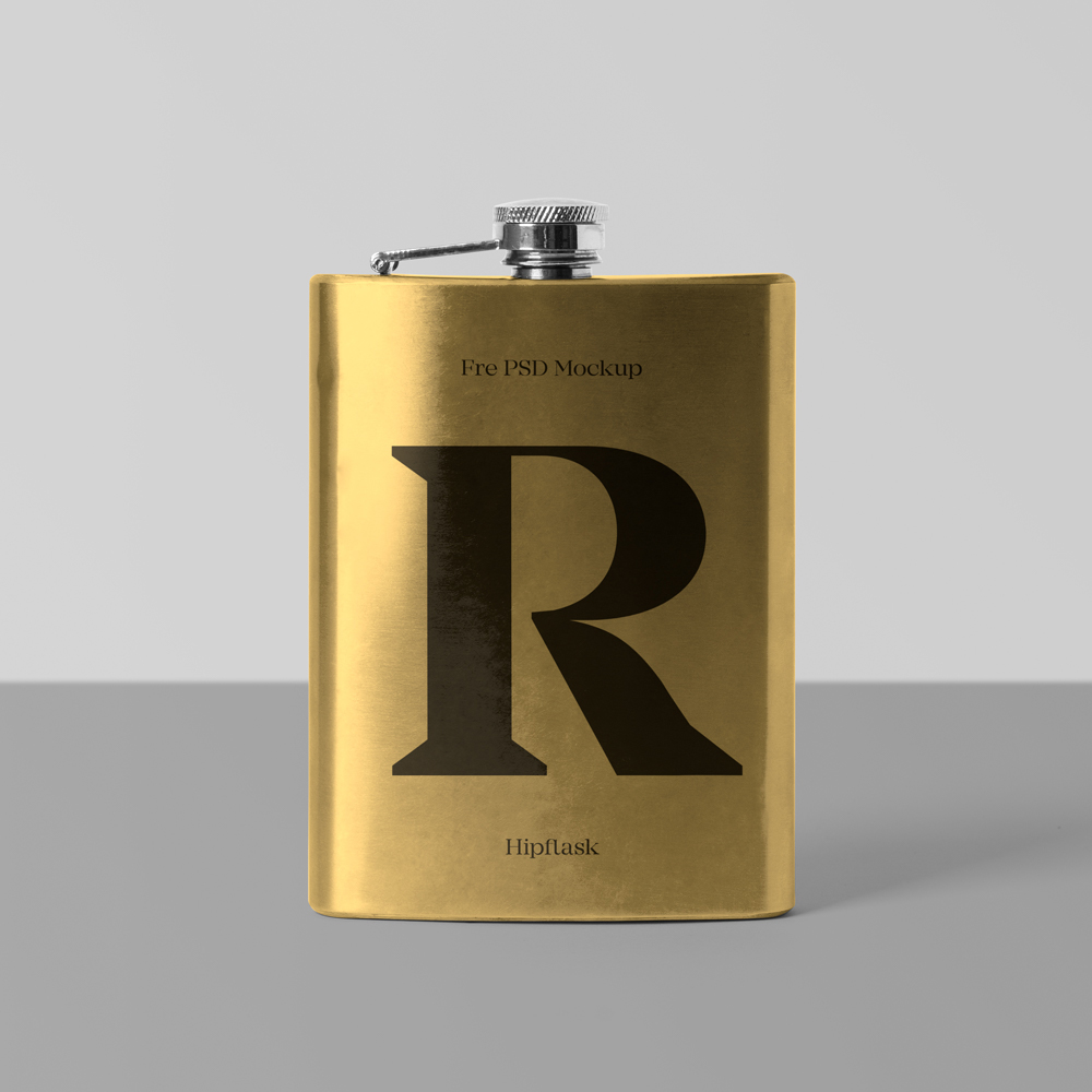Front view, metal Hipflask Mockup on the dark gray floor in studio.