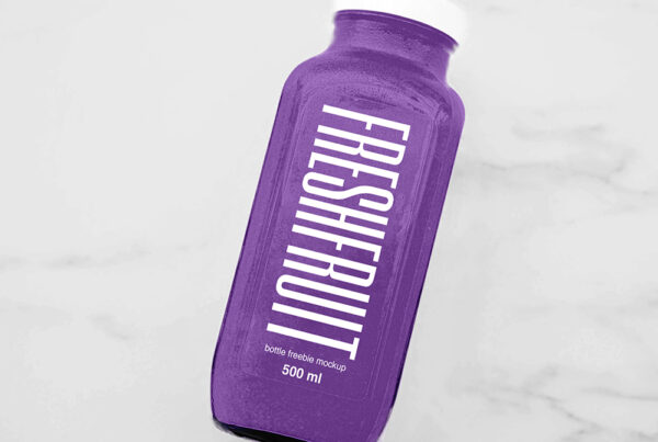 Plastic Juice Bottle Mockup levitating above marble floor.