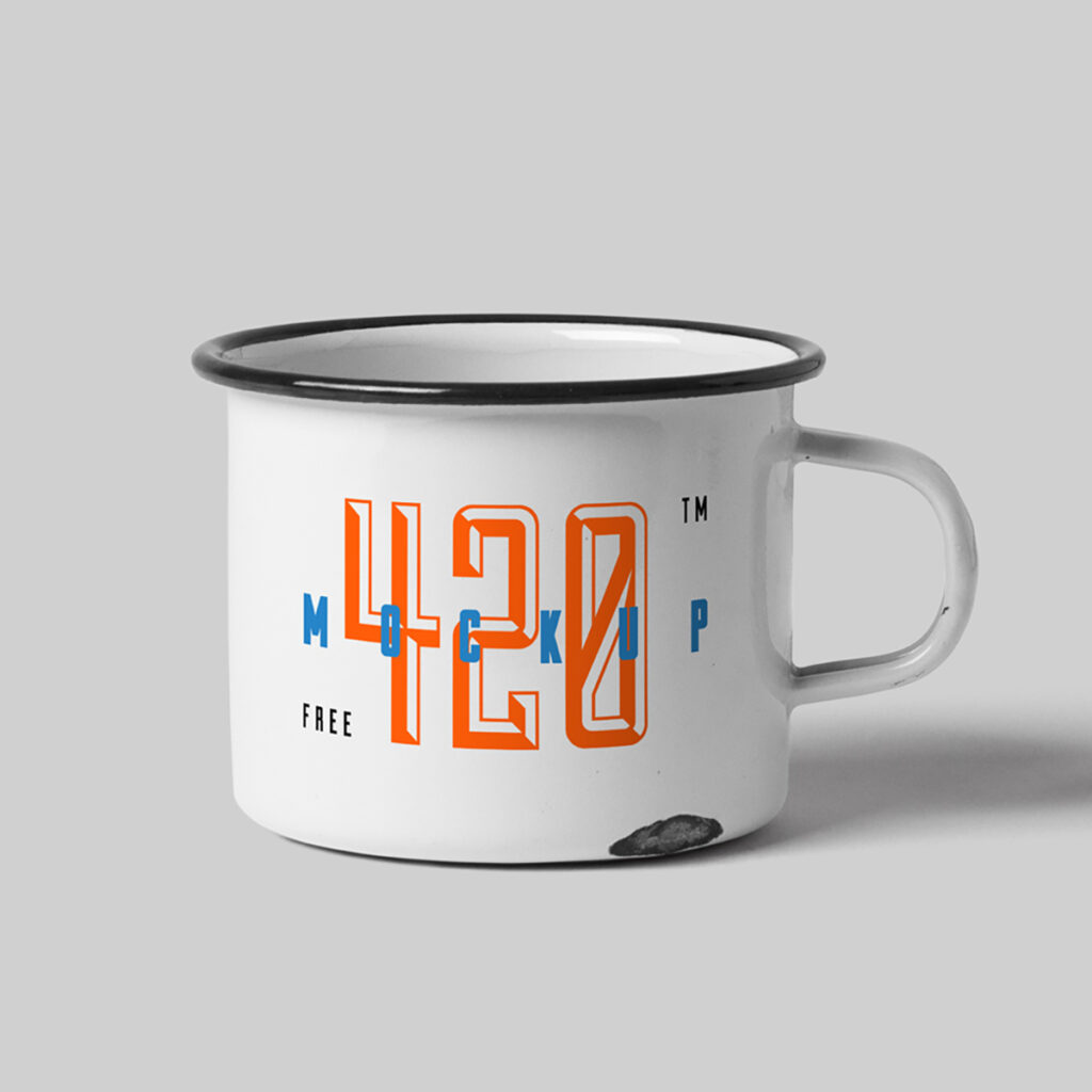 Front view, Metal Mug Mockup standing on the gray floor in studio.