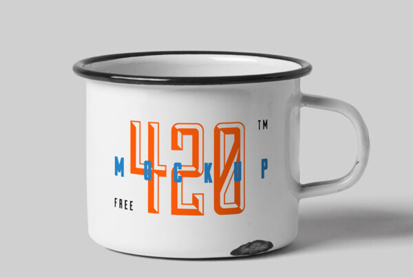 Front view, Metal Mug Mockup standing on the gray floor in studio.
