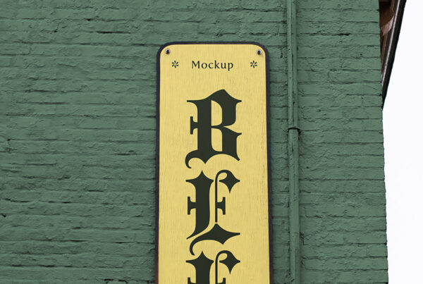 Big vertical wooden Shop Sign Mockup suspended to building.