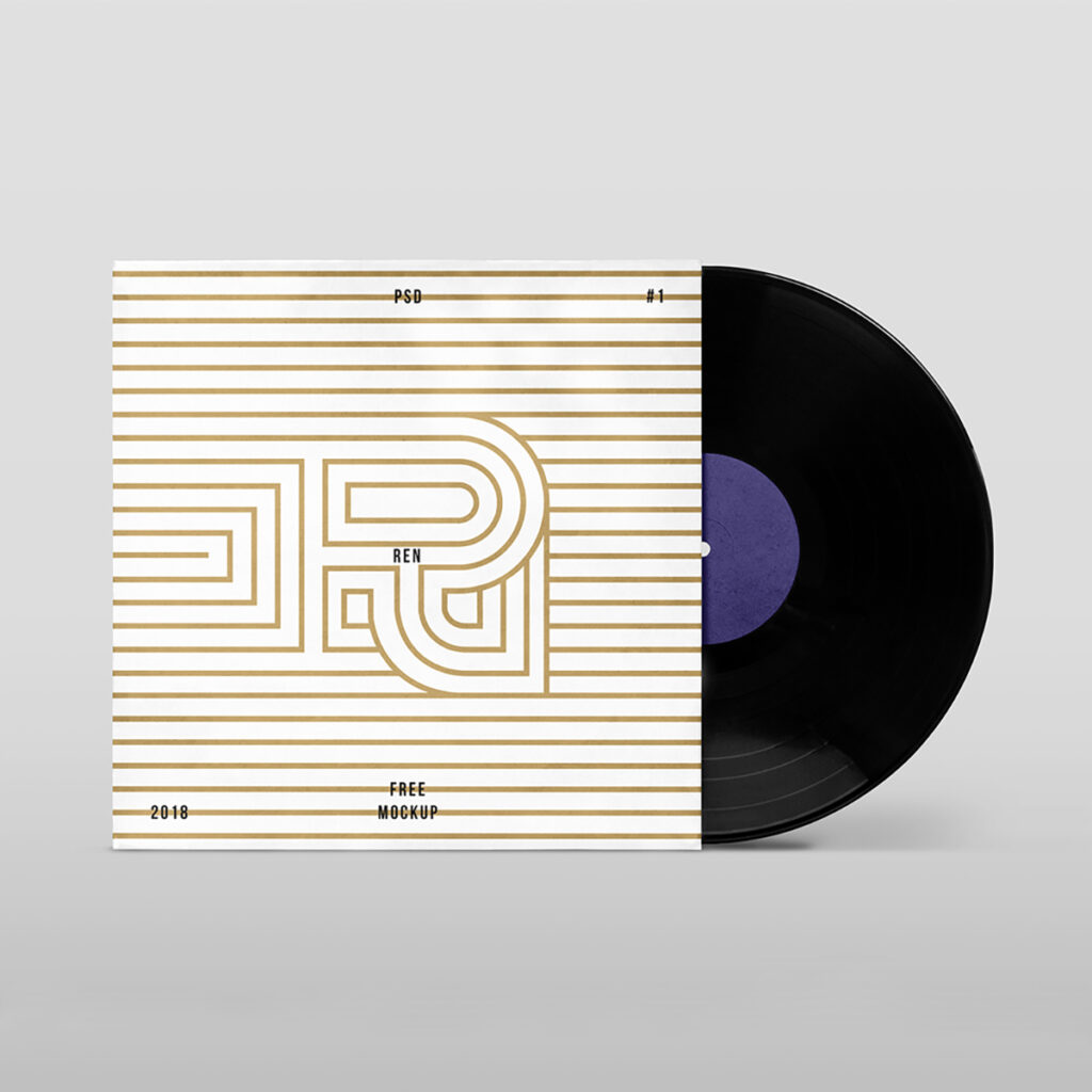 Front view, Vinyl Cover Mockup with protruding disc standing on the gray floor.