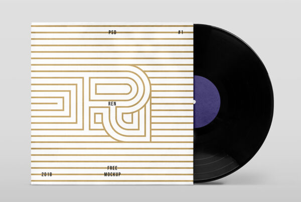 Front view, Vinyl Cover Mockup with protruding disc standing on the gray floor.