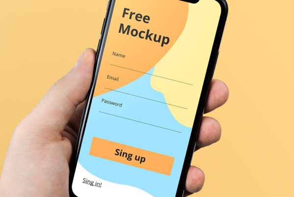 Front view, iPhone X in Hand Mockup on the orange background.