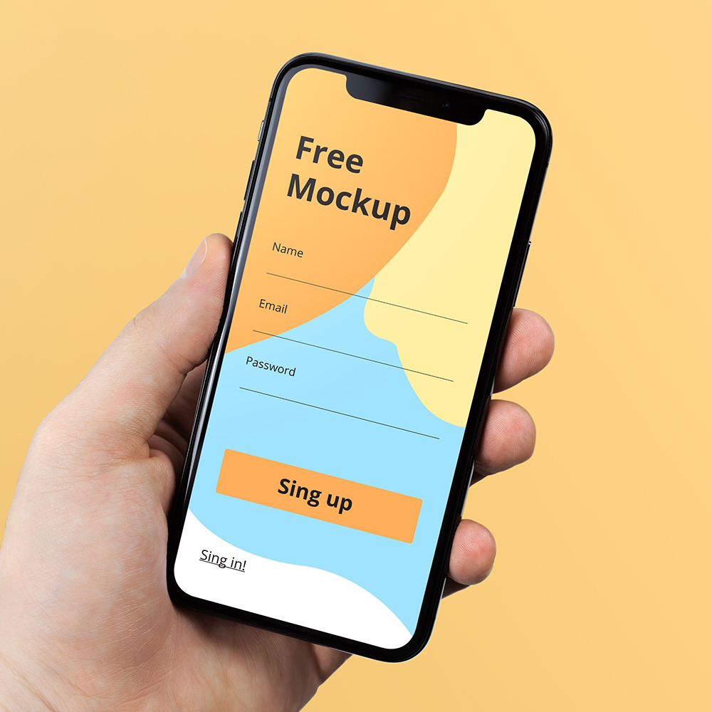 Front view, iPhone X in Hand Mockup on the orange background.